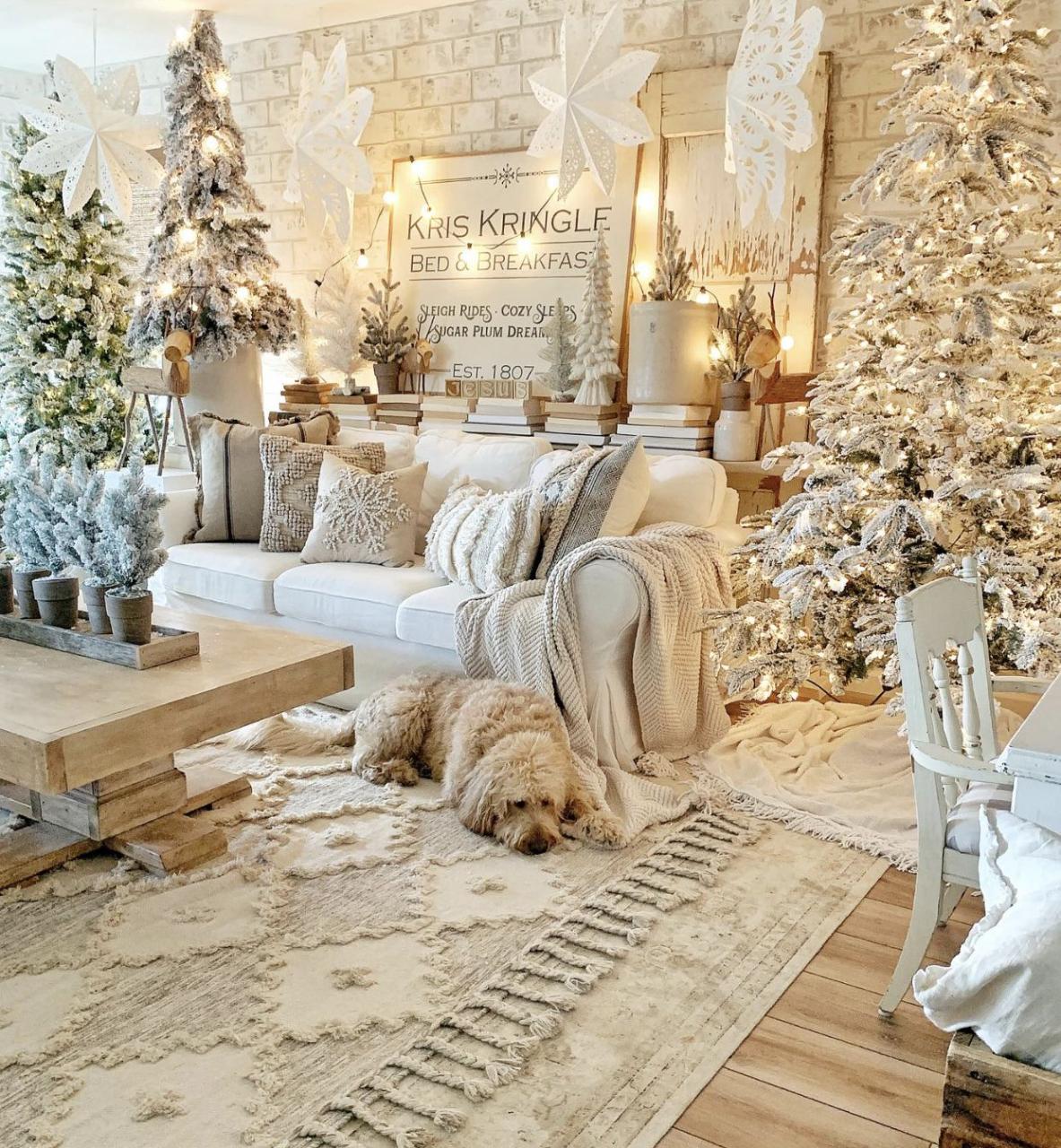 boho farmhouse christmas decor Christmas decor, flocked trees, boho, farmhouse, goldendoodle, neutral