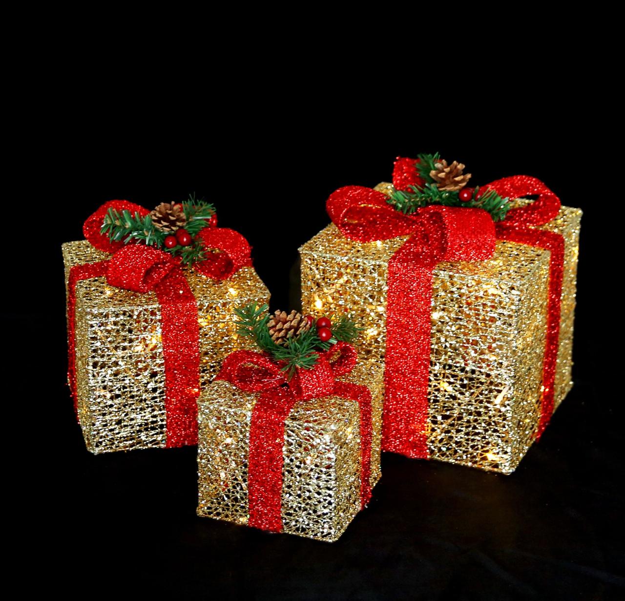 christmas gifts home decor LED Lighted prelit Christmas presents Gift Boxes, sparkling ( Gold/red