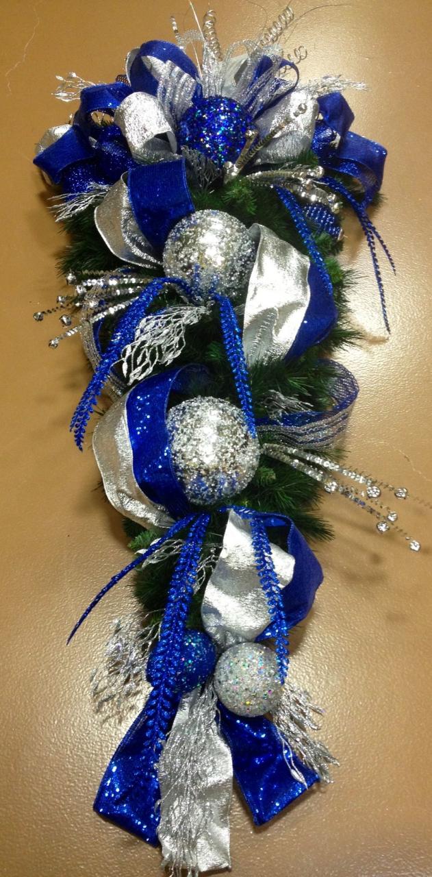 blue silver christmas decor Christmas large teardrop for the front door in royal blue and silver