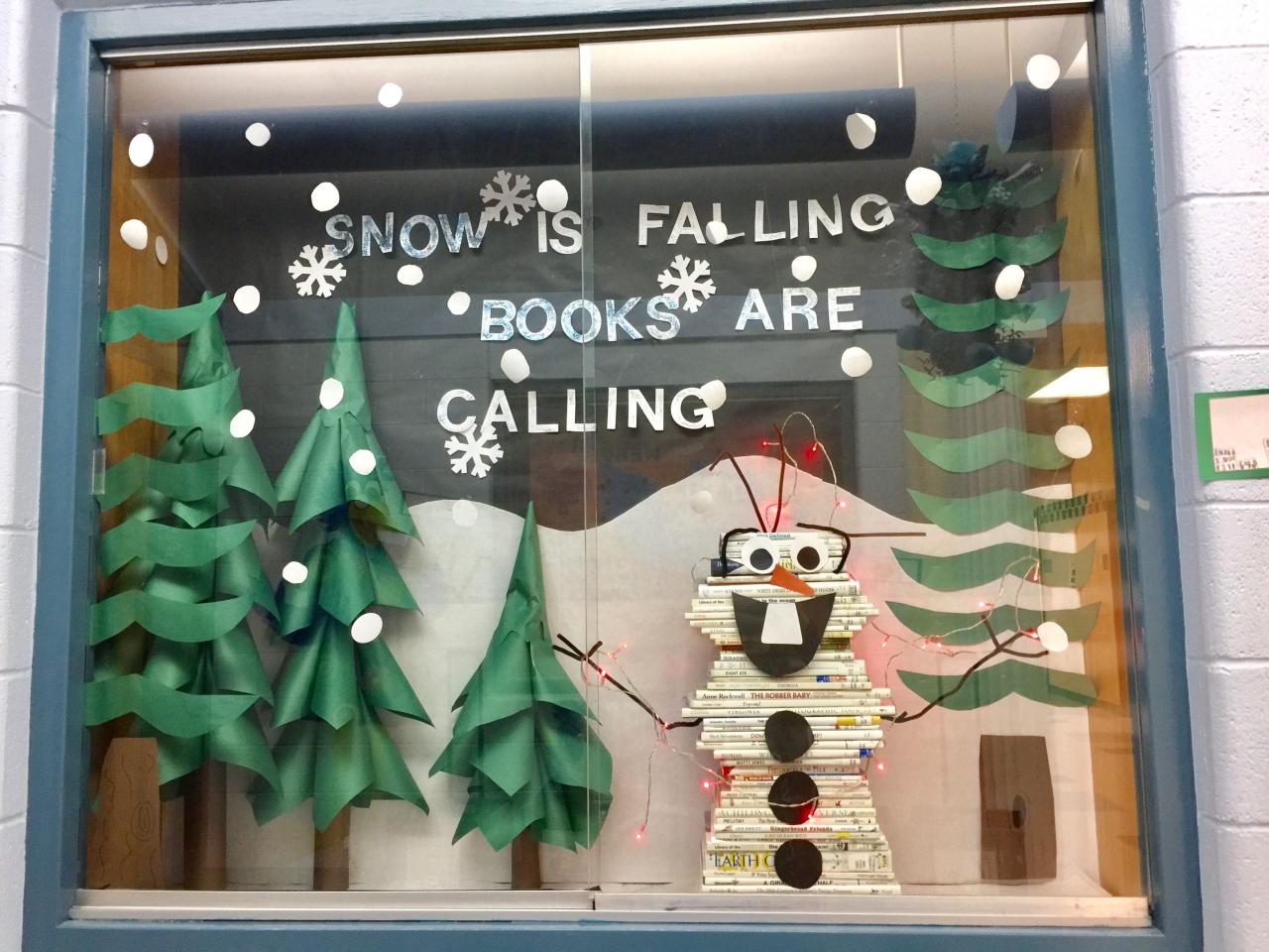 christmas decoration ideas for library Snow is falling books are calling Christmas display, Library decor