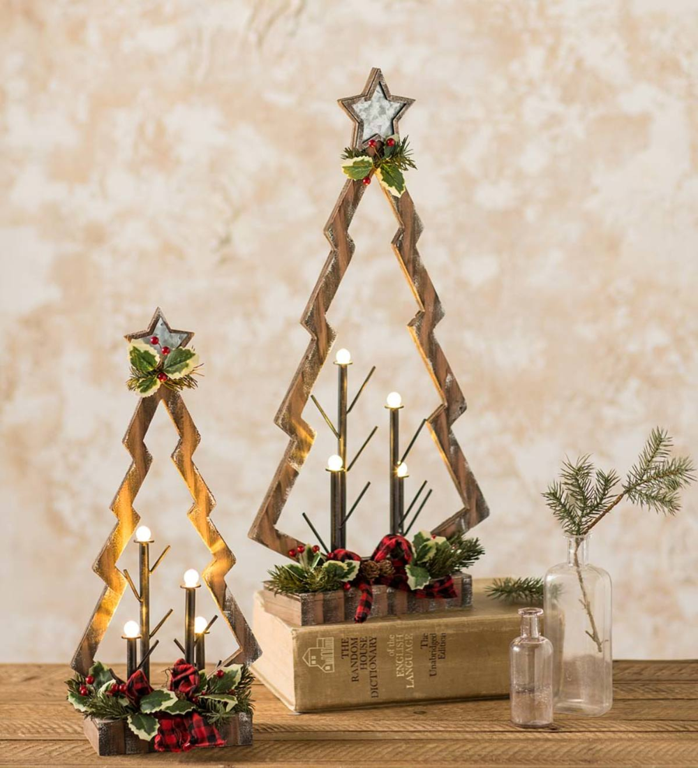 lighted christmas tabletop decor Tabletop Lighted Wooden Christmas Trees, Set of 2 Wind and Weather