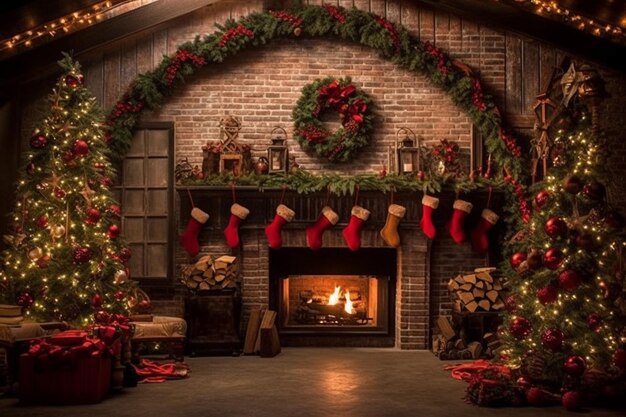 christmas decor for brick fireplace Premium Photo Christmas decorations in a brick fireplace with a