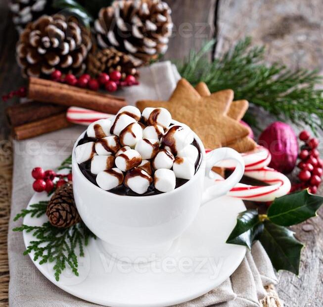 hot chocolate christmas decor Christmas hot chocolate with festive decorations 15760359 Stock Photo