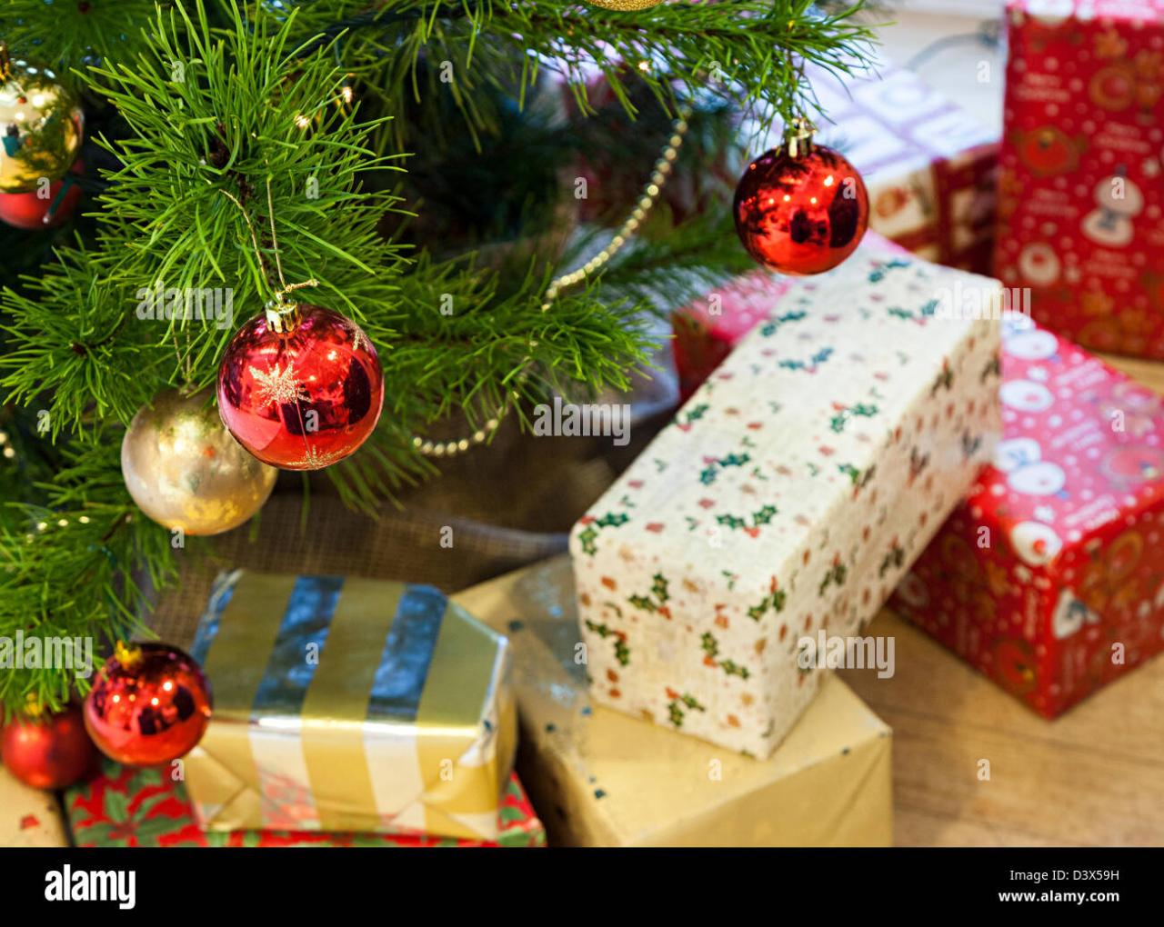 christmas tree decorations sale uk Christmas tree decorations and presents, UK Stock Photo Alamy