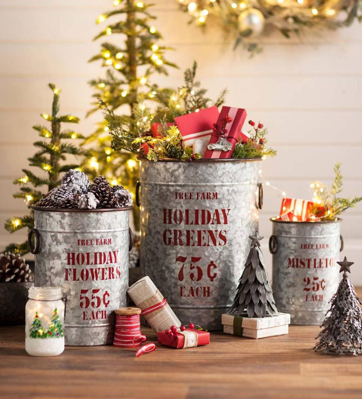 metal bucket christmas decor Vintage Style Holiday Galvanized Metal Buckets are full of retro charm