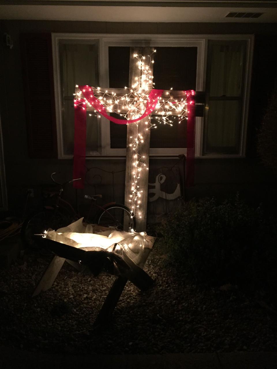 religious christmas decorations outdoor Wood outdoor cross with lights Christian christmas decorations