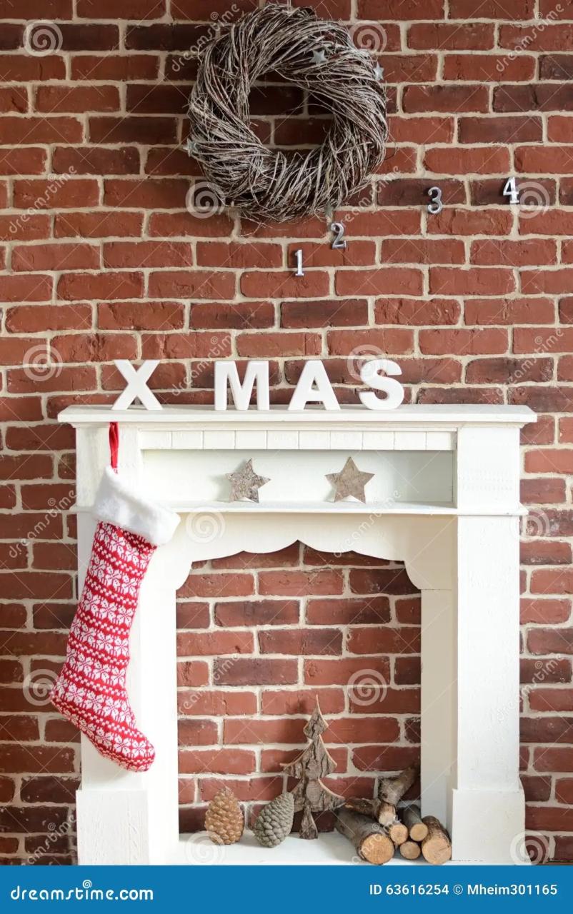 christmas decor for brick fireplace Decorated Christmas Fireplace on a Brick Wall Stock Photo Image of