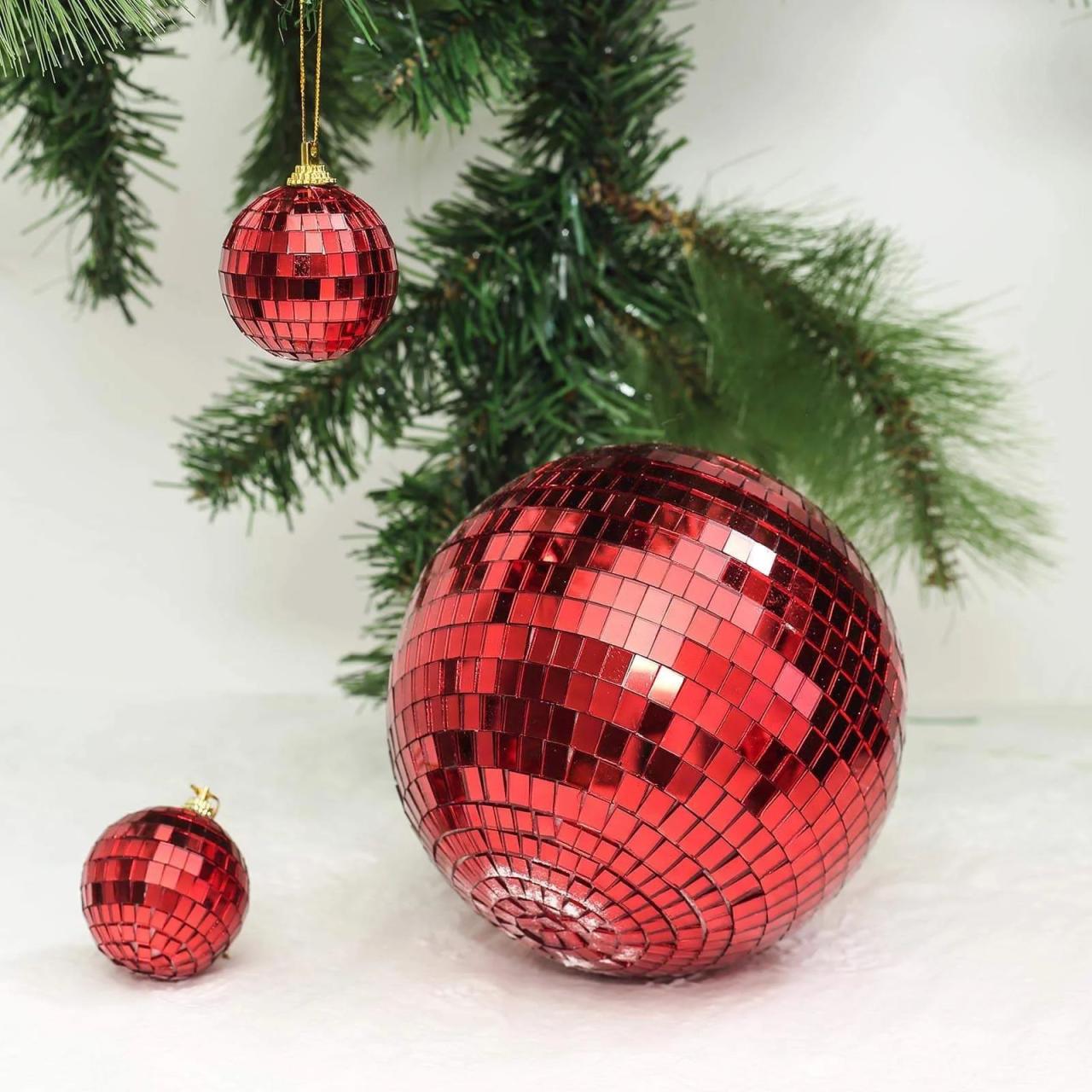 disco ball christmas decor 4 Pcs 4" Red Glass Mirror Disco Ball with Hanging String Christmas