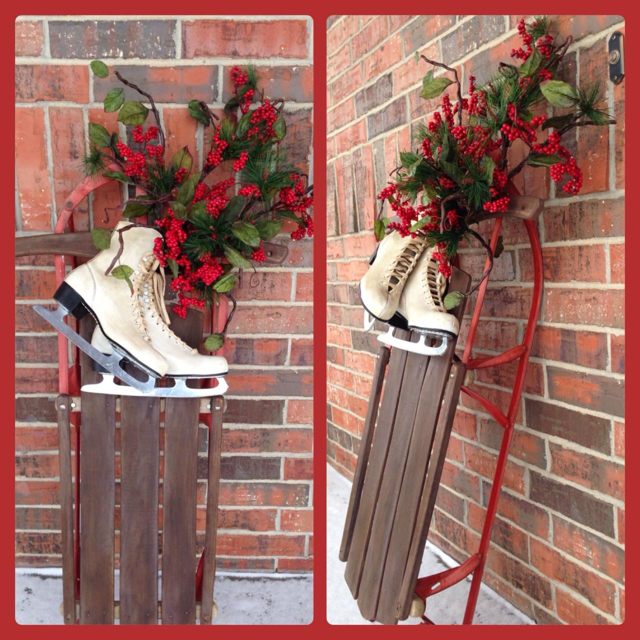 wood sled christmas decor Christmas decoration using sled, skates and greenery Christmas