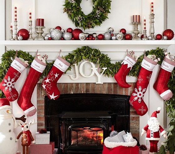 electric fireplace christmas decor Classic Quilted Stocking Collection Christmas mantel decorations