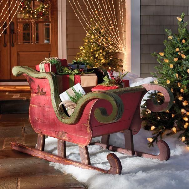 wood sled christmas decor Artisan Sleigh Grandin Road Rustic christmas wreath, Christmas