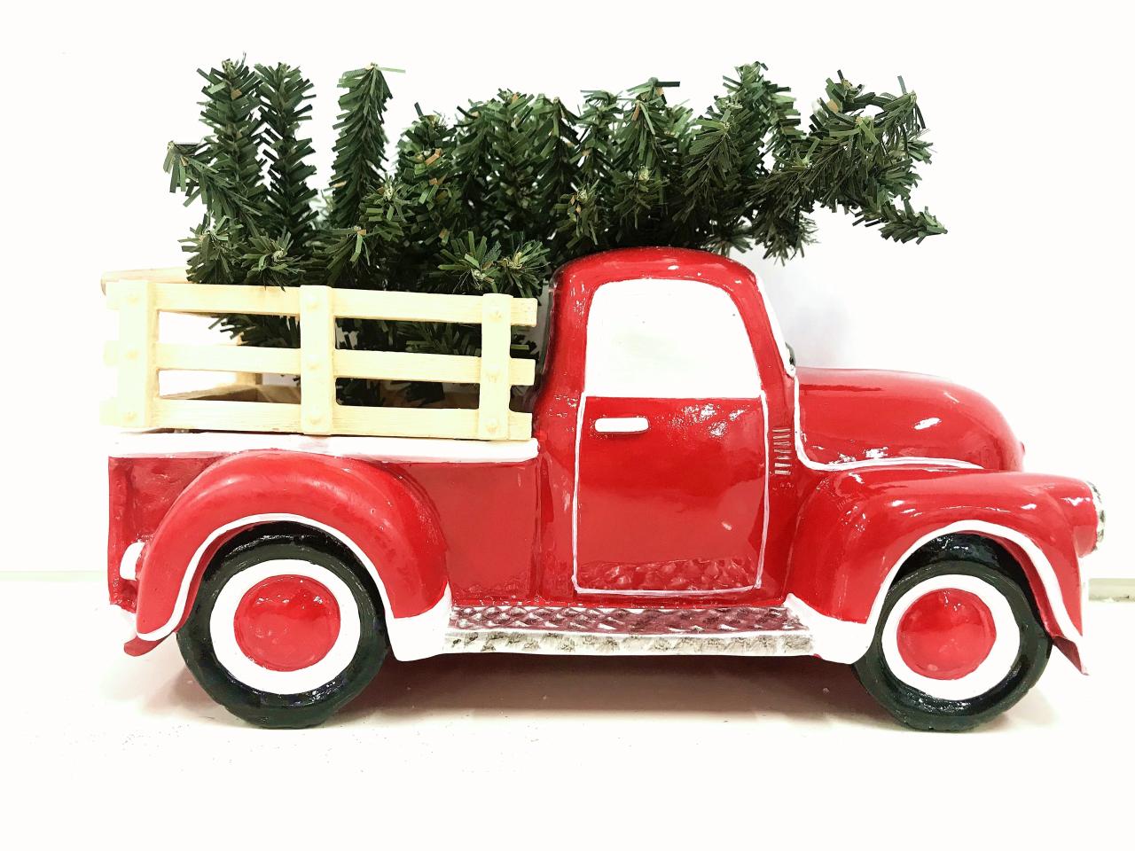 christmas truck with tree decor Holiday Time Antique Red Truck with Christmas Tree Table Top Christmas