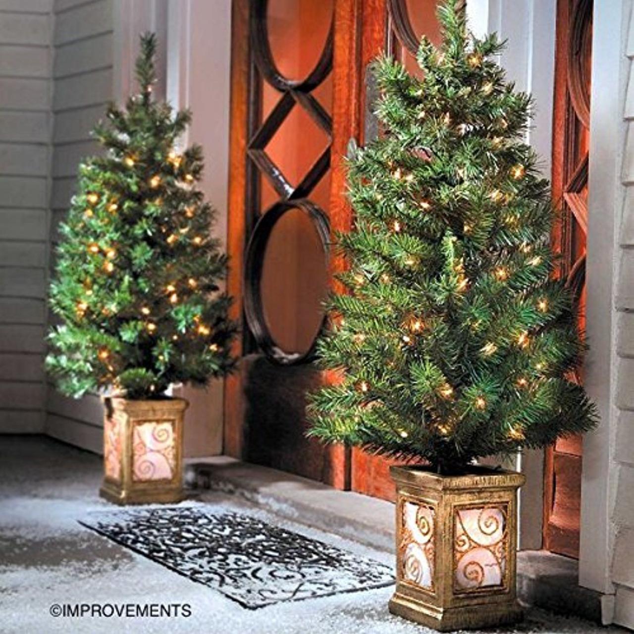 prelit outdoor christmas decor 4 Ft PreLit Entryway Christmas Trees Set of 2 By Improvements