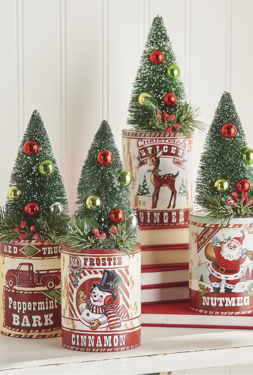 raz christmas decor 2024 Raz 8.5" Set of 4 Holiday Spice Containers with Trees Christmas Figure