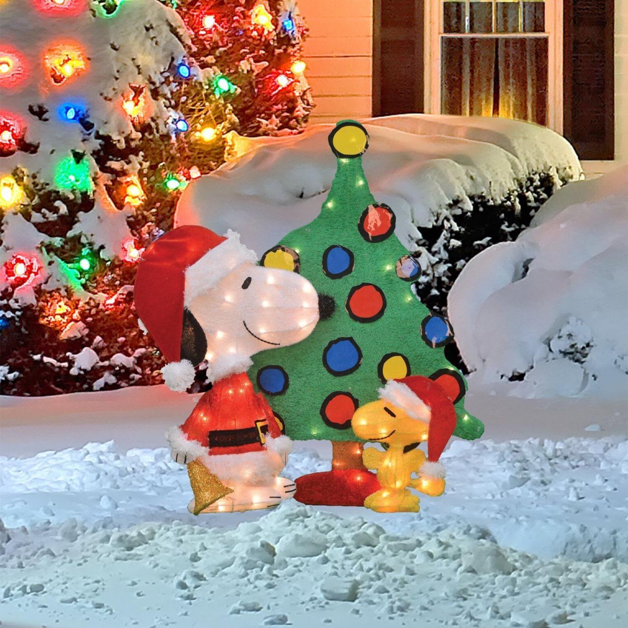 snoopy christmas decorations indoor ProductWorks 32Inch Peanuts 3Piece Set 2D LED PreLit Santa Snoopy