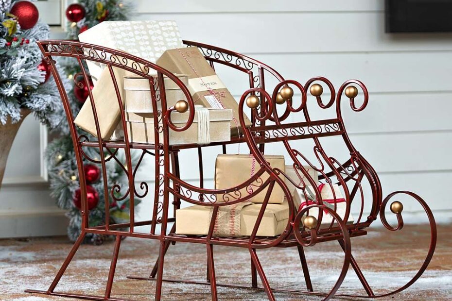 christmas decorations outdoor sleigh Red Metal Holiday Sleigh Outdoor Holiday Decorations Outdoor