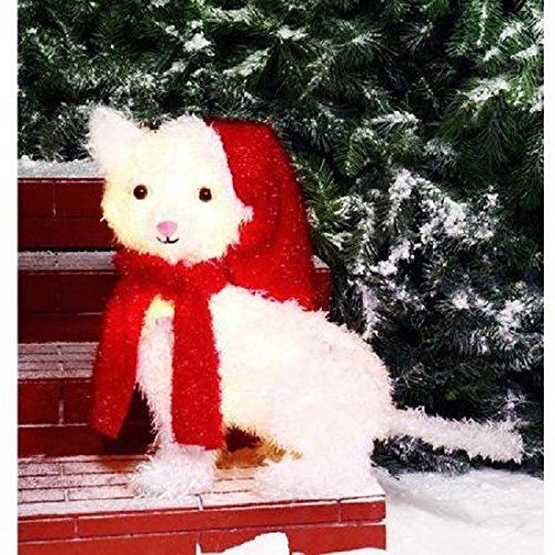 cat christmas decorations indoor Holiday 20" Lighted Fluffy White Cat With Red Bow & Santa... https