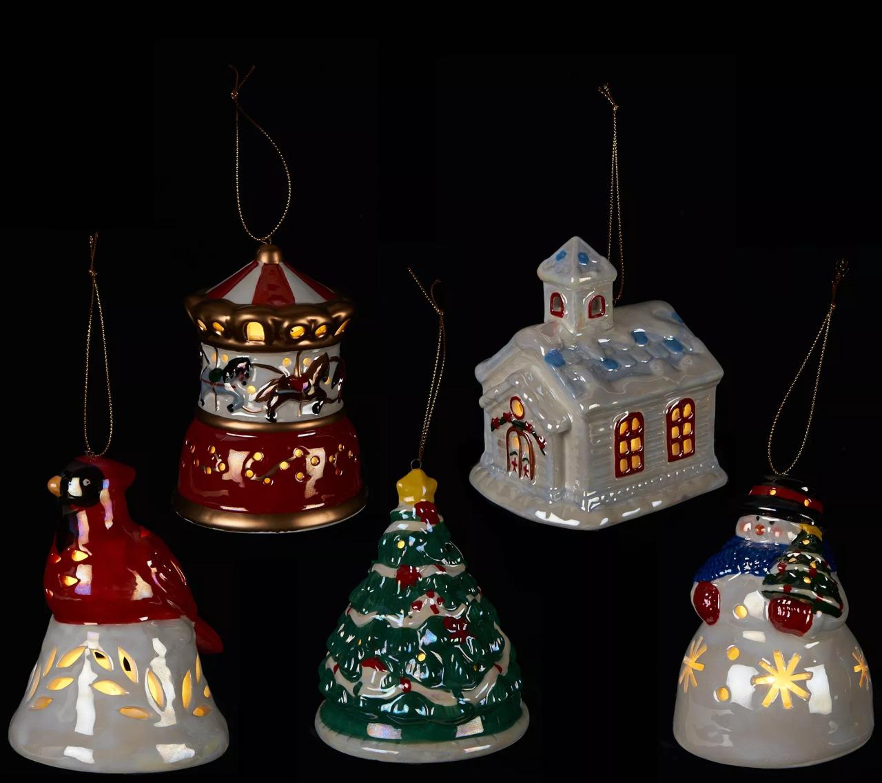 qvc outdoor christmas decorations sale Mr. Christmas S/5 Porcelain Illuminated Ornaments with Gift Bags