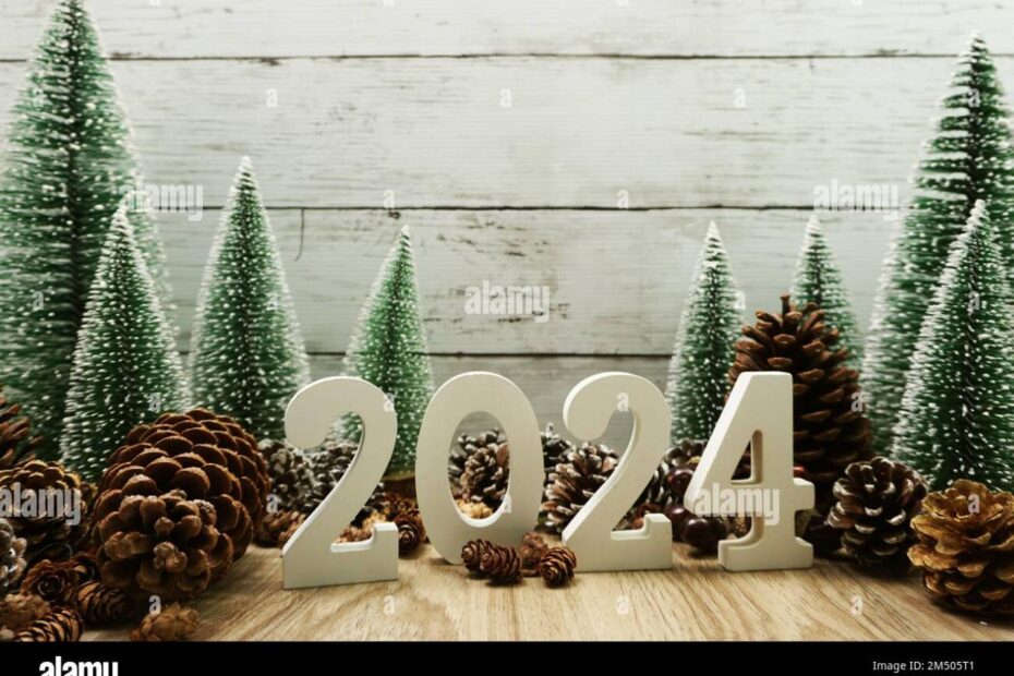 christmas decor 2024 images Happy New year 2024 decoration with Christmas tree and pine cones on