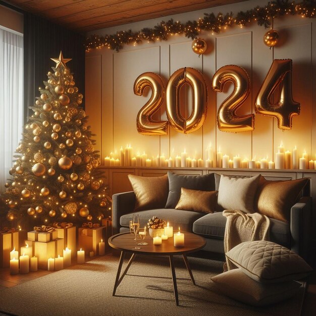 new christmas decor 2024 Premium AI Image Happy New Year and Christmas room decoration golden