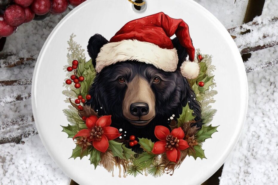 christmas black bear decor Rustic Black Bear Santa Ceramic Ornament Festive Christmas Decor