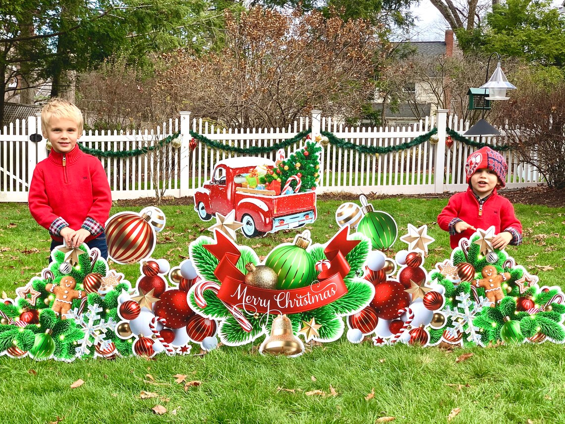 large red truck outdoor christmas decor Big Red Pickup Truck Christmas Tree Lawn Decorations Etsy