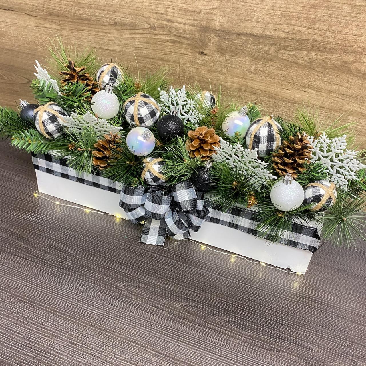 buffalo plaid christmas decor black and white Buffalo Plaid Decor Black and White Christmas Arrangement Etsy