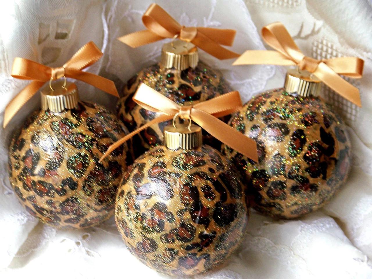 leopard print christmas decor Leopard Animal Print Glass Christmas Ornaments Lot of 4