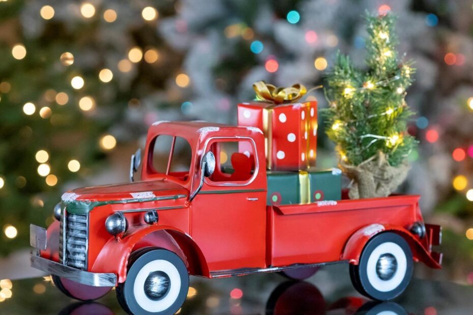 christmas tree truck decor Snow Covered Pickup Truck with Lighted Christmas Tree and Gifts