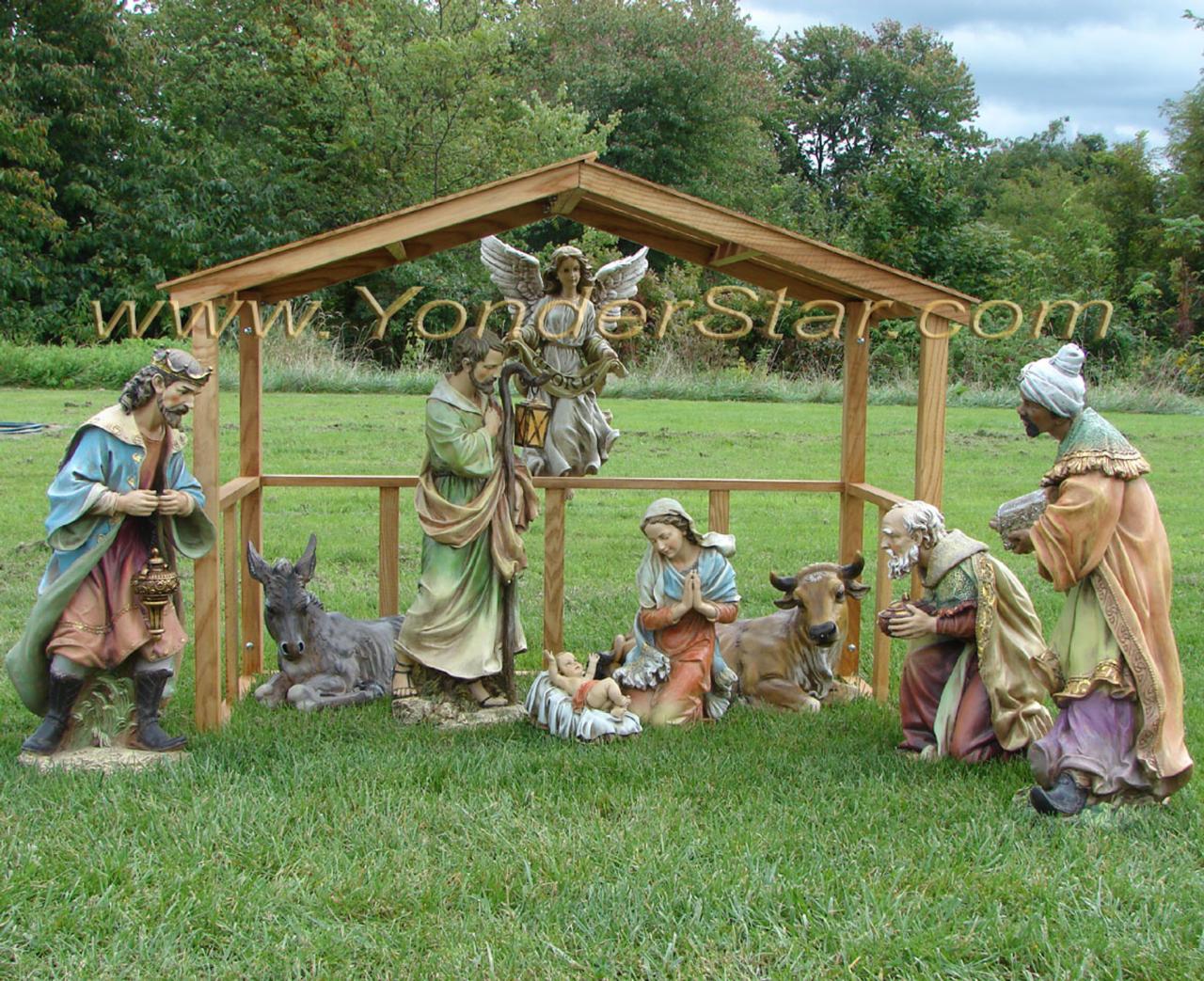 christmas outdoor decorations nativity scene Outdoor Nativity Scene with Wooden Stable Yonder Star Christmas Shop LLC