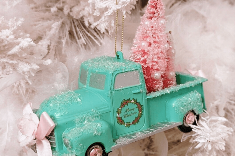 blue truck christmas decor Shabby Chic Blue Truck Glitter Pink Roses Bottle Brush Tree Christmas