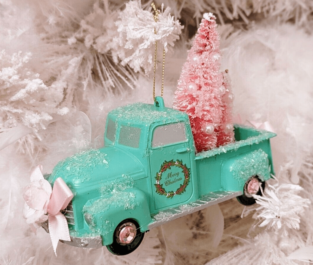 blue truck christmas decor Shabby Chic Blue Truck Glitter Pink Roses Bottle Brush Tree Christmas