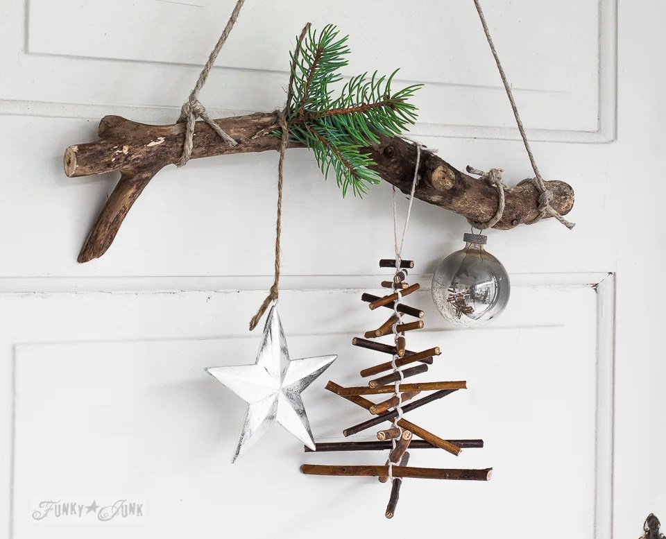 twig christmas tree decor rustic twig Christmas tree ornament on a branchFunky Junk Interiors