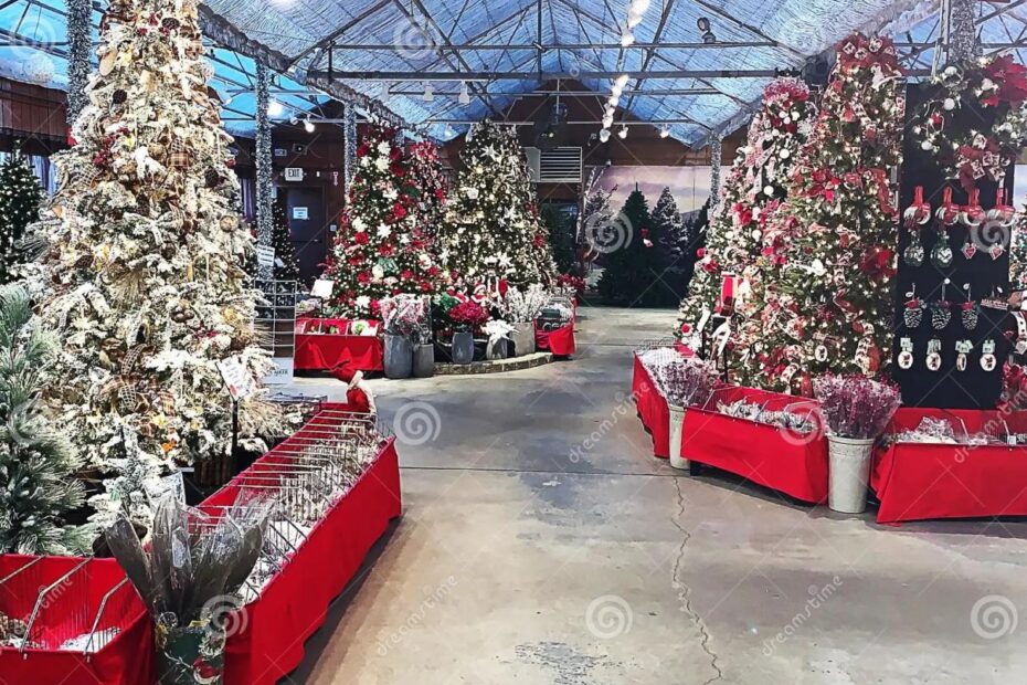 christmas decor warehouse sale Warehouse with Beautifully Decorated Christmas Trees and Ornaments for