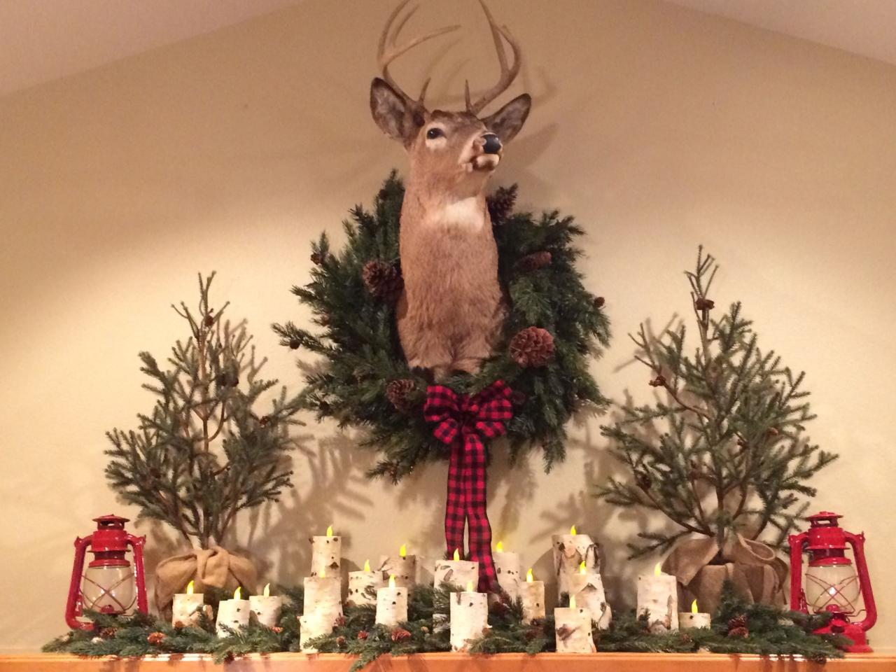 deer mount christmas decor My Woodland Mantle for Christmas! Deer mount with wreath, birchbark