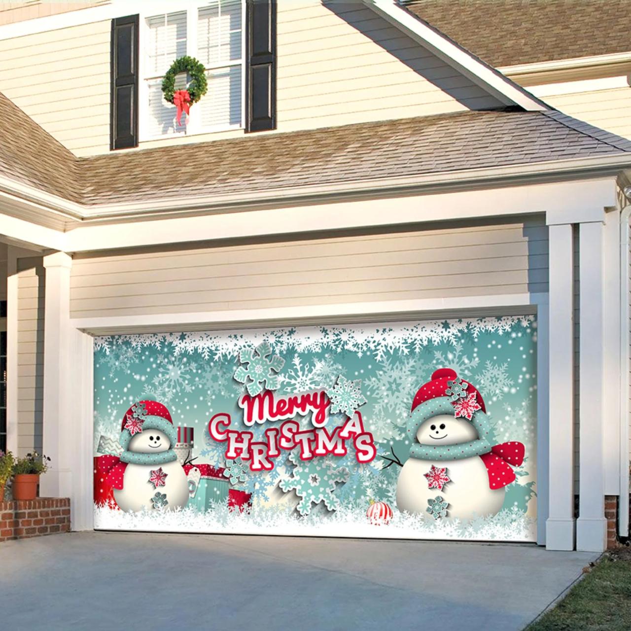 christmas decorations outdoor garage 7' x 16' Red and White "Merry Christmas" Outdoor Double Car Garage Door