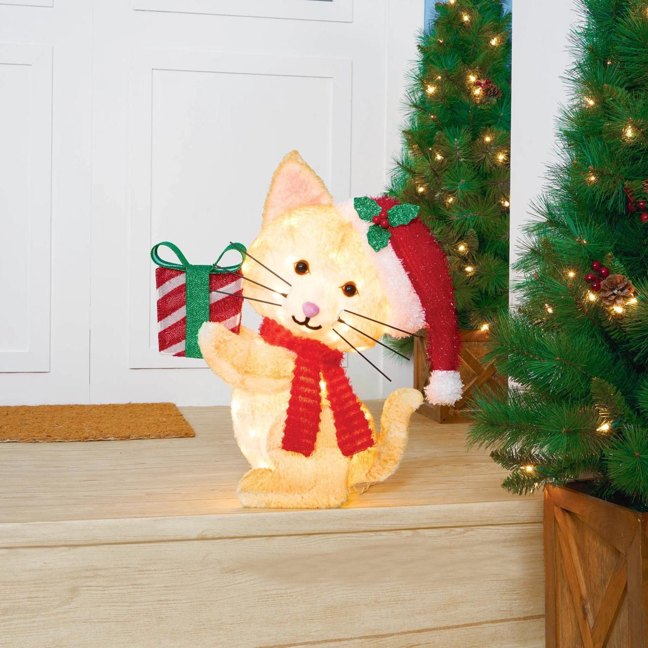 christmas outdoor decorations cat Holiday Time LightUp Plush Cat, 22"