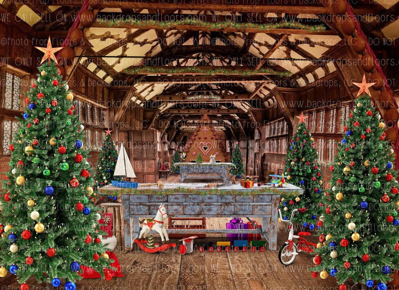 santa's workshop christmas decor Santa's Christmas Toy Shop Photography Backdrop Christmas