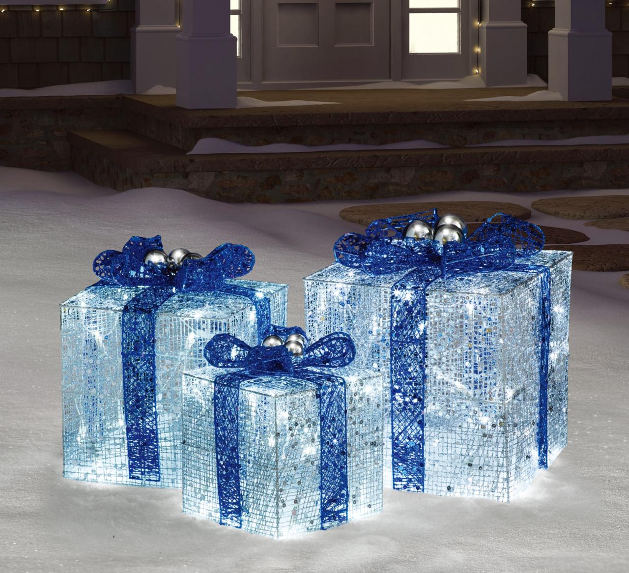 christmas outdoor decorations lighted gift boxes Set of 3 Lighted Silver and Blue Glitter Gift Box Christmas Outdoor