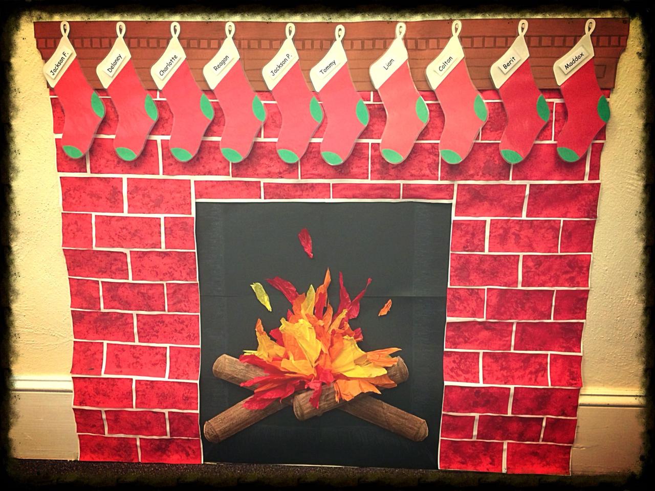 christmas decoration ideas for fireplace DIY fireplace for the classroom. Classroom christmas decorations