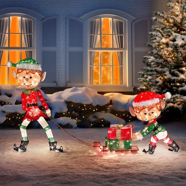 elf christmas decorations outdoor Outdoor Lighted Tinsel 3 Piece Christmas Elves Pulling Sleigh Display