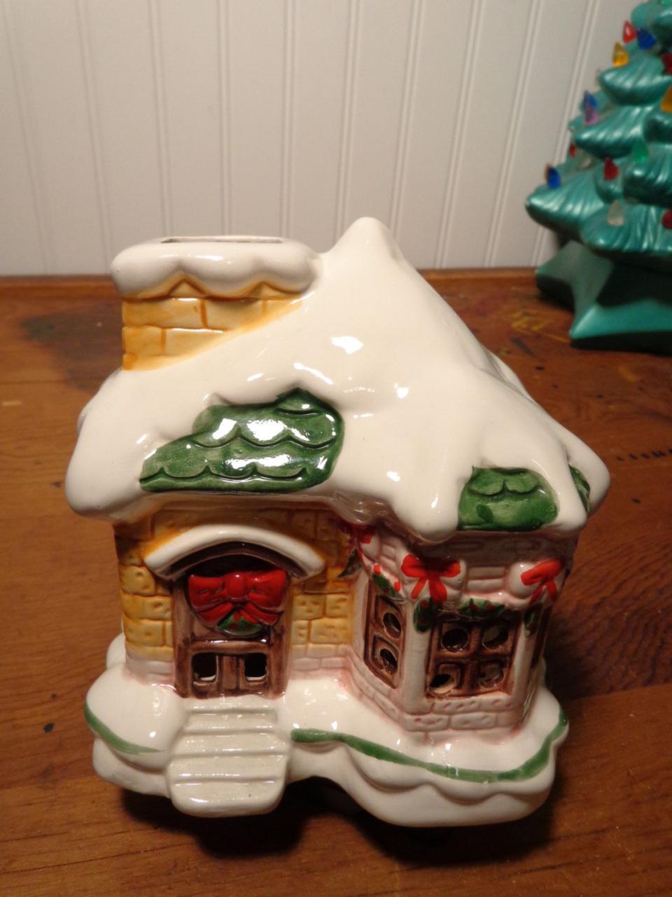 ceramic houses christmas decor Vintage Lighted Ceramic House Lighted Snow Covered Christmas Etsy