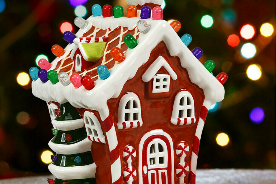 ceramic houses christmas decor Ceramic Christmas Gingerbread House w/ 44 Multicolored Lights Red Hand