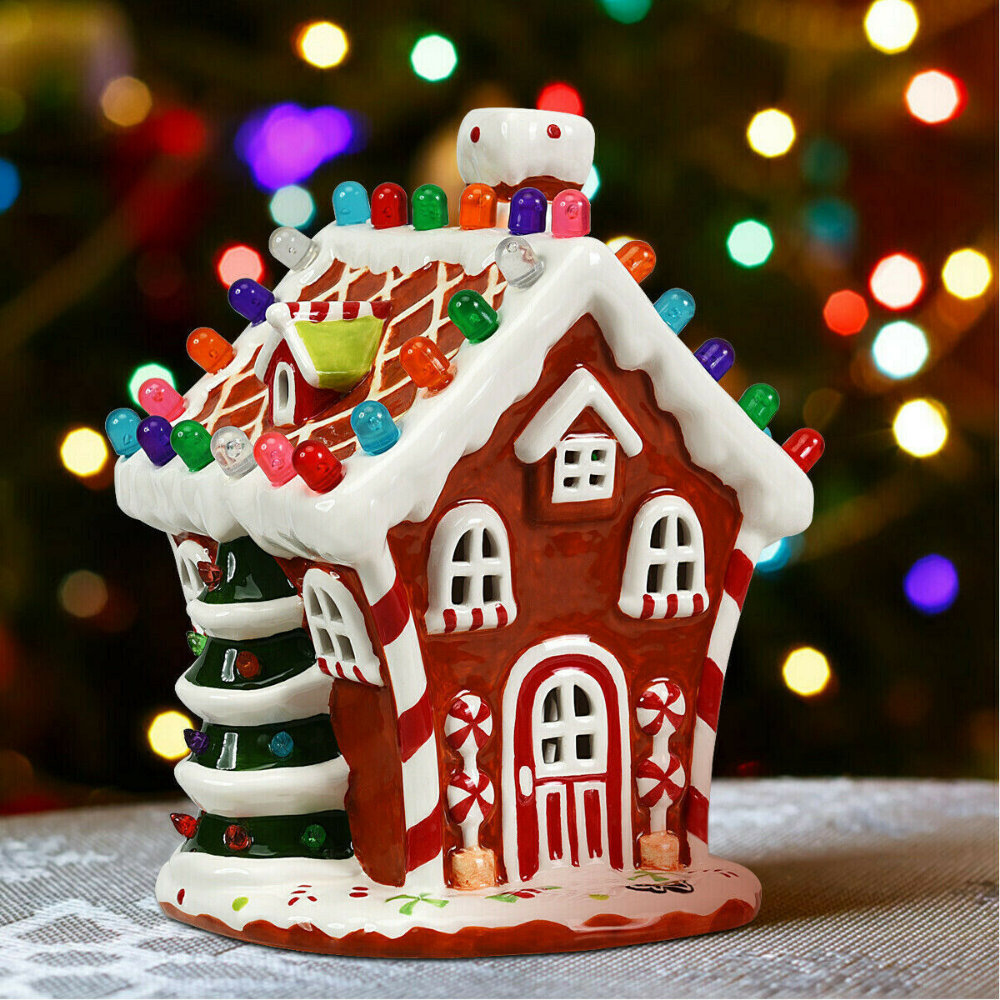 ceramic houses christmas decor Ceramic Christmas Gingerbread House w/ 44 Multicolored Lights Red Hand