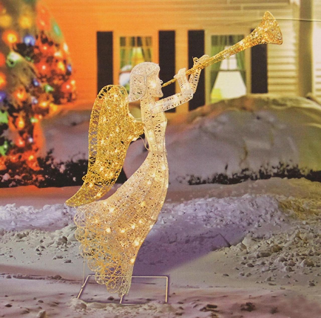 lighted christmas angel yard decor 48" Glittered Trumpeting Angel Lighted Christmas Yard Art