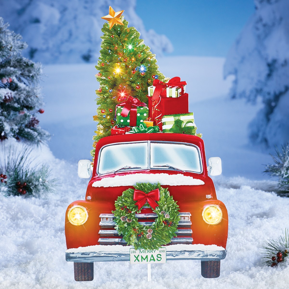 christmas truck outdoor decor Christmas Vintage Red Truck Garden Stake Decoration Collections Etc.