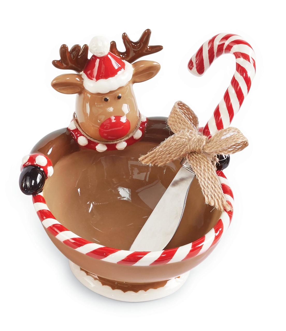 mud pie christmas decor Mud Pie Reindeer Dip Bowl with Candy Cane Spreader Brown N/A Mud