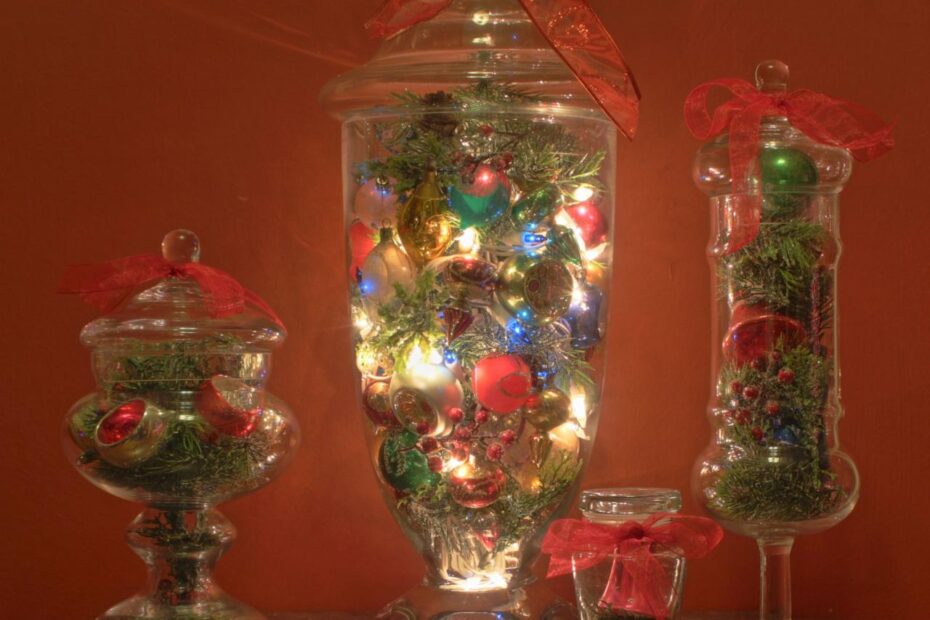 christmas decorating ideas with apothecary jars Vintage Ornaments + Apothecary Jars + Lights + Greenery Crafts