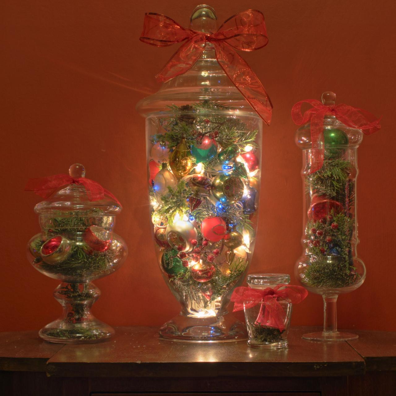 christmas decorating ideas with apothecary jars Vintage Ornaments + Apothecary Jars + Lights + Greenery Crafts