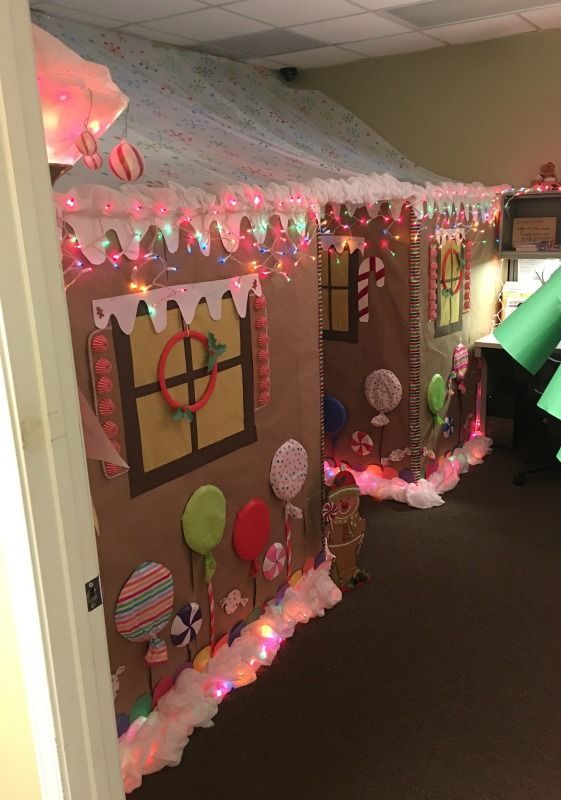 christmas decor gingerbread theme DIY Christmas Decorating Office Contest Gingerbread house cubicles work